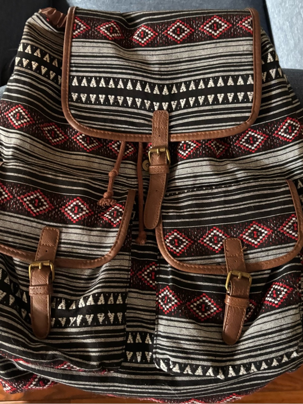 Mossimo’s Boho Azteca Canvas Backpack with Brown Trim - Black & Red